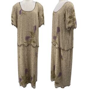 Vintage 80s Laurence Kazar Silk Beaded Gown Drop Waist Floral Beige Purple 22W